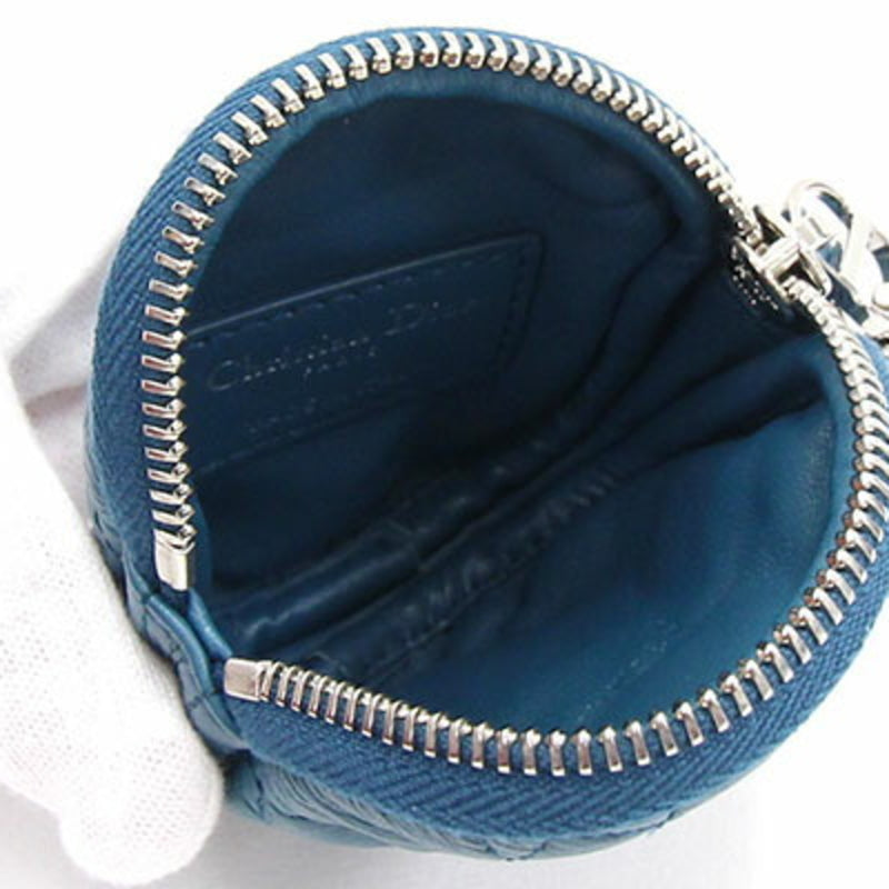 Christian Dior Dior Coin Case Canage S5035PWHC Blue Leather Round Stitch Lady Purse Quilting Women's Wallet