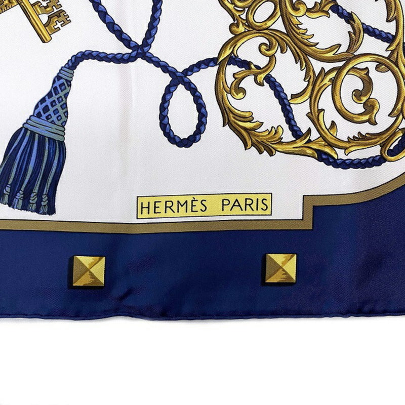 Hermes Scarf Carre 90 Navy White Gold LES CLES Silk 100% HERMES Key Pattern Women's Accessories