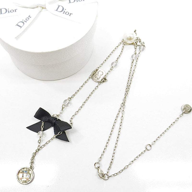 Christian Dior Necklace Silver Pearl White Clear Fake Plastic Ladies