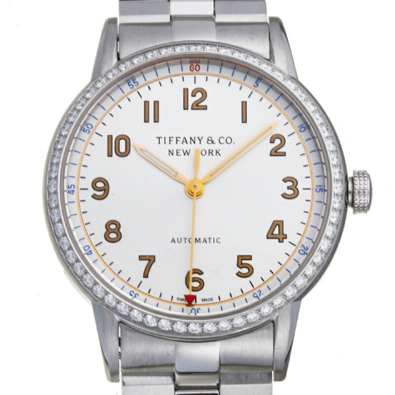 Tiffany CT60 3 Hand Bezel Diamond Ladies Mens Watch 34668353 Stainless Steel Silver Arabian Dial