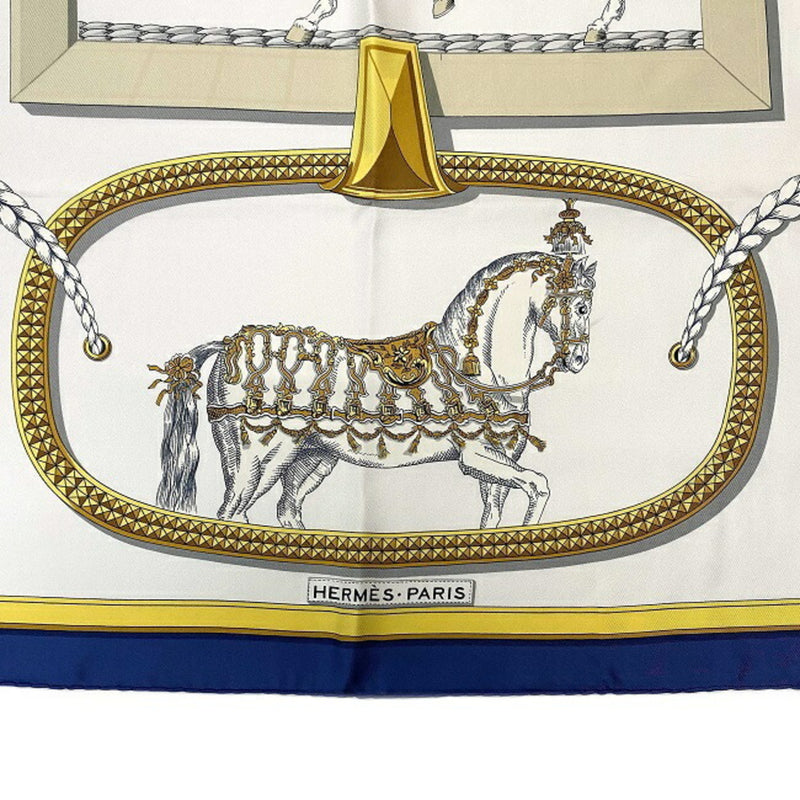 Hermes Scarf Muffler Carre 90 Navy White Gold GRAND APPARAT Silk 100% HERMES Horse Dressed Pattern Ladies Accessory