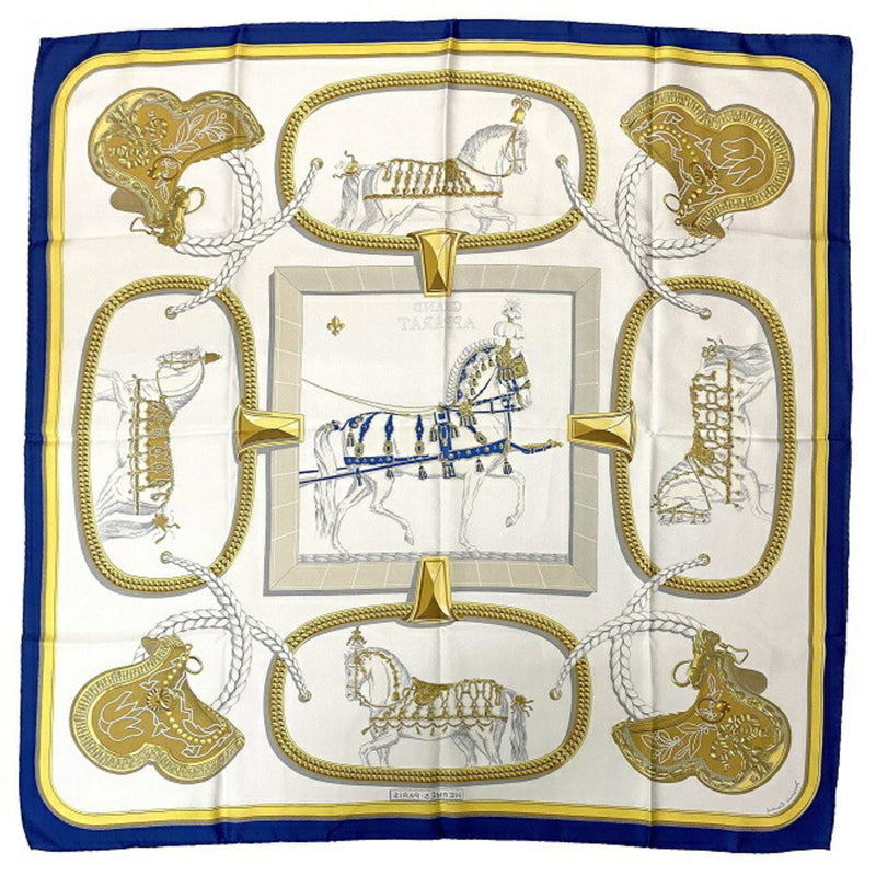Hermes Scarf Muffler Carre 90 Navy White Gold GRAND APPARAT Silk 100% HERMES Horse Dressed Pattern Ladies Accessory