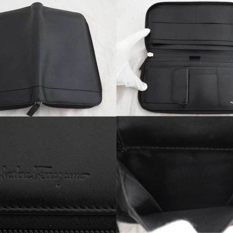Salvatore Ferragamo Organizer Logo Black Silver Hardware Leather Long Wallet Mens