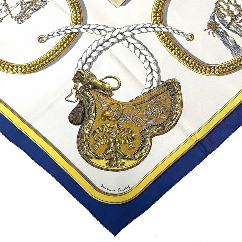 Hermes Scarf Muffler Carre 90 Navy White Gold GRAND APPARAT Silk 100% HERMES Horse Dressed Pattern Ladies Accessory