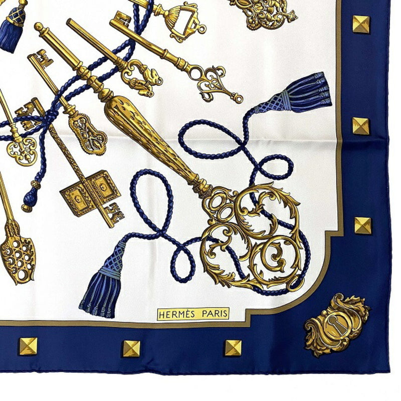 Hermes Scarf Carre 90 Navy White Gold LES CLES Silk 100% HERMES Key Pattern Women's Accessories
