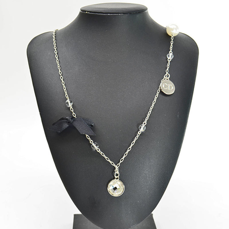 Christian Dior Necklace Silver Pearl White Clear Fake Plastic Ladies