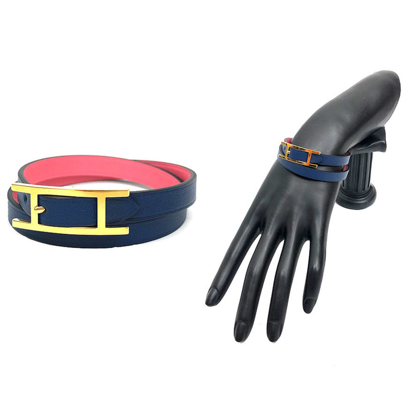 Hermes Leather Bracelet BeHapi Double Tour T3 Vaux Swift Deep Blue Ladies