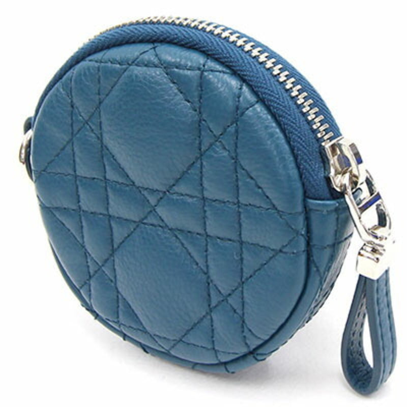 Christian Dior Dior Coin Case Canage S5035PWHC Blue Leather Round Stitch Lady Purse Quilting Women's Wallet