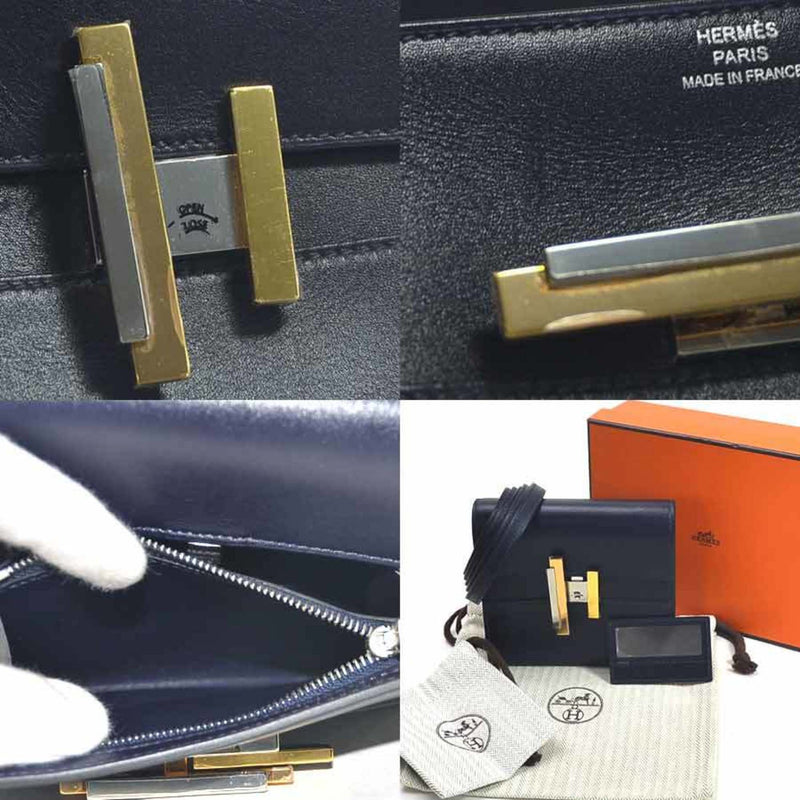 Hermes Shoulder Wallet Portefeuille Cinhetic Mini Blue Nui Villandry Calfskin Ladies