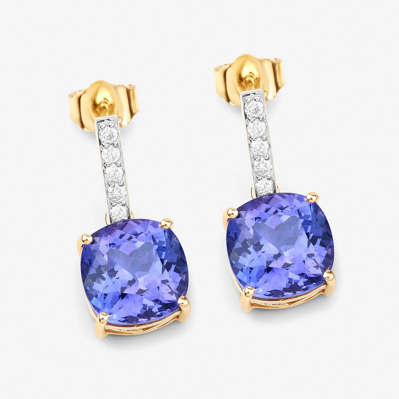 5.64 Carat Genuine Tanzanite and White Diamond 14K Yellow Gold Earrings