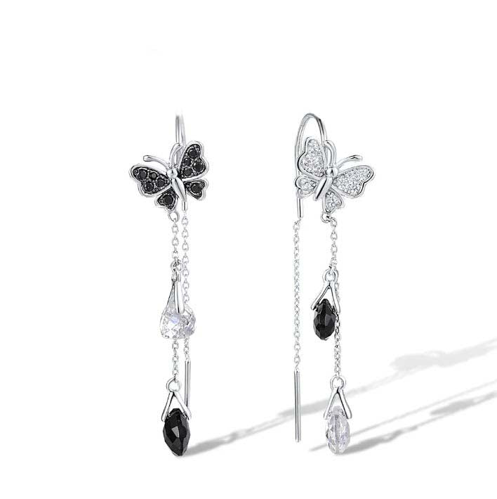 925 Sterling Silver Sparkling White CZ and Black Spinel Butterfly Earrings for Women