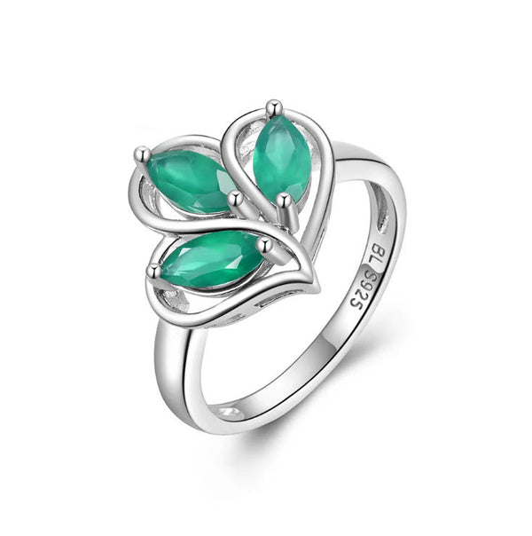 Sterling Silver Natural Green Agate Leaf Design Ring for Women