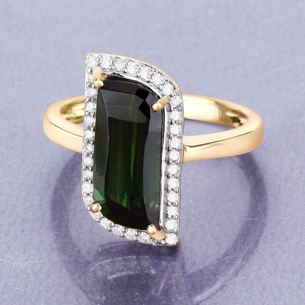 3.73 Carat Genuine Green Tourmaline and White Diamond 14K Yellow Gold Ring