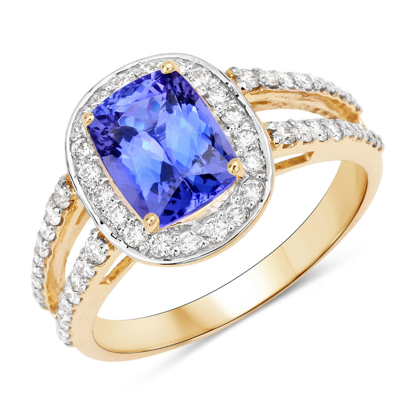 1.64 Carat Genuine Tanzanite and White Diamond 14K Yellow Gold Ring (I Color, SI Clarity)