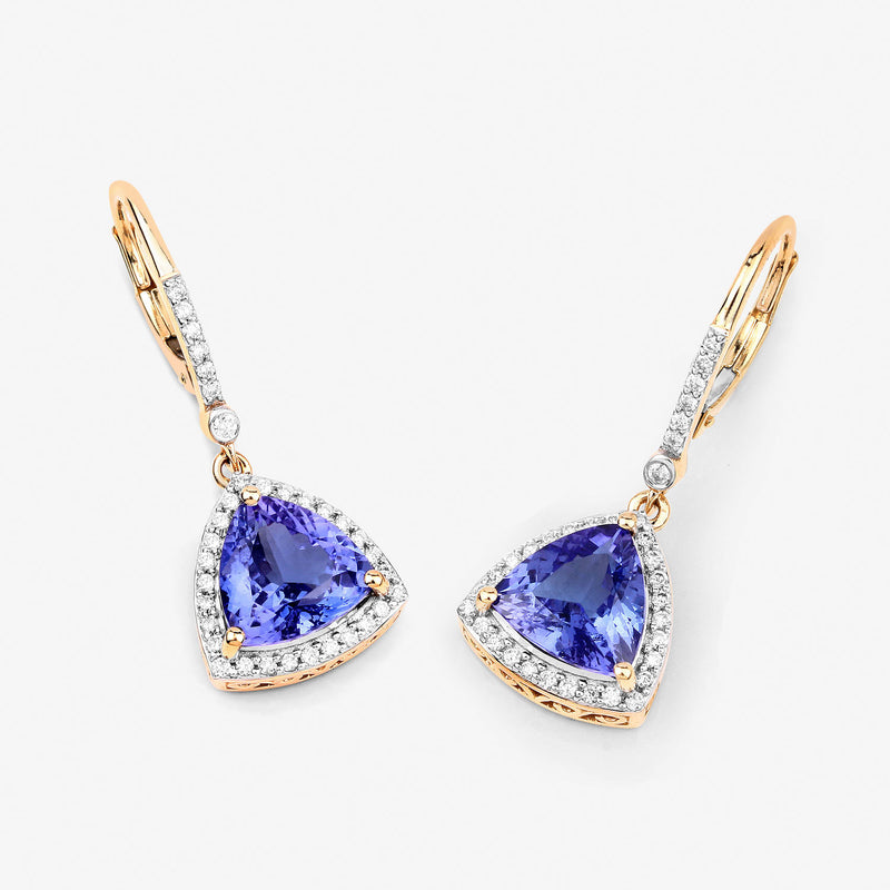 4.61 Carat Genuine Tanzanite and White Diamond 14K Yellow Gold Earrings