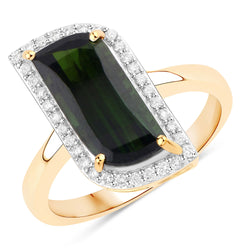 3.73 Carat Genuine Green Tourmaline and White Diamond 14K Yellow Gold Ring