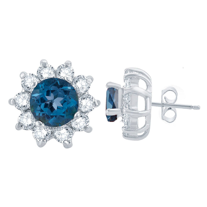 V3 Jewelry Flower Stud Earrings 925 Sterling Silver in 3.50CTTW Natural London Blue Topaz and White Topaz