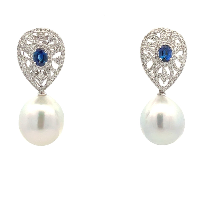 South Sea Pearl Diamond Dangle Earrings 18KT White Gold