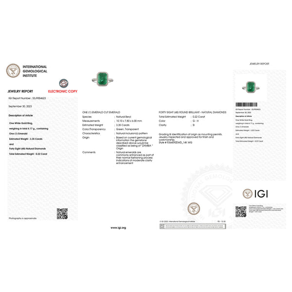 IGI Certified 3.57 Carat Genuine Zambian Emerald and White Diamond 14K White Gold Ring