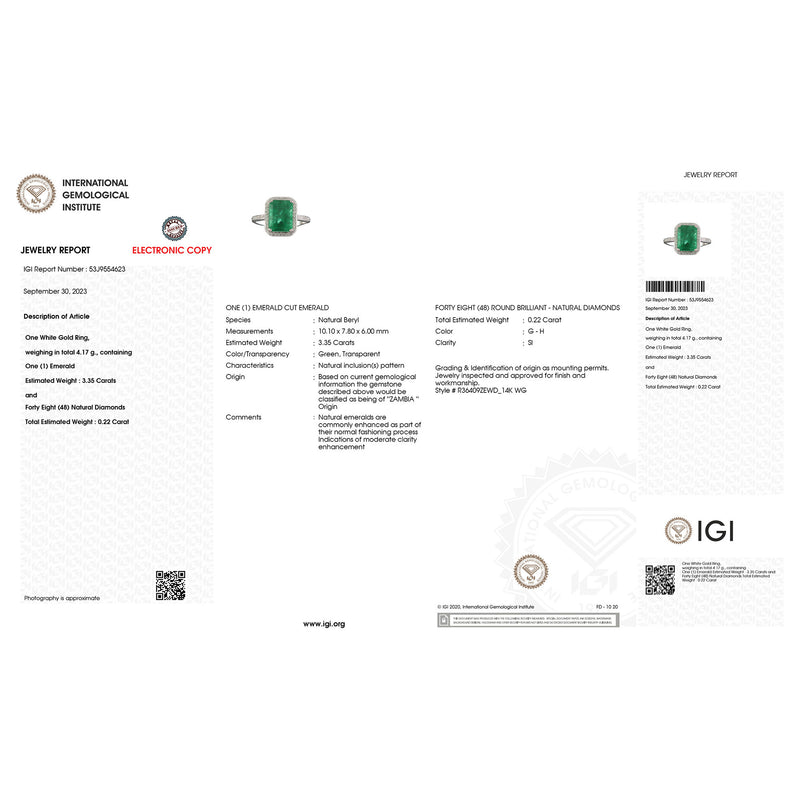 IGI Certified 3.57 Carat Genuine Zambian Emerald and White Diamond 14K White Gold Ring