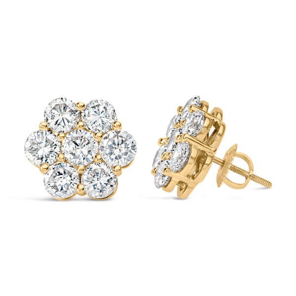 14K Yellow Gold 5.0 Cttw 7 Stone Floral Cluster Round Brilliant Cut Diamond Stud Earrings with Screw Backs (I-J Color, SI2-I1 Clarity)