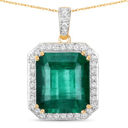 IGI Certified 13.23 Carat Genuine Zambian Emerald and White Diamond 14K Yellow Gold Pendant