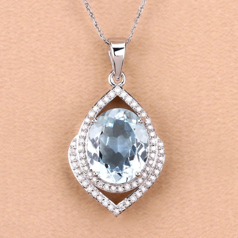 3.82 Carat Genuine Aquamarine and White Diamond 14K White Gold Pendant