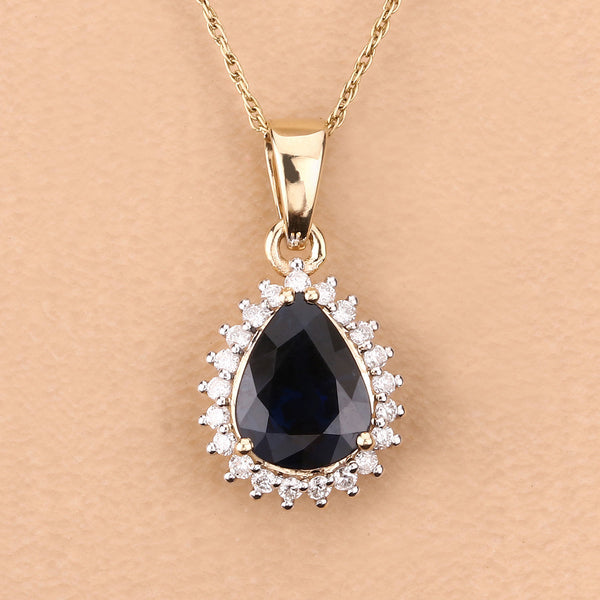 2.09 Carat Genuine Blue Sapphire and White Diamond 14K Yellow Gold Pendant