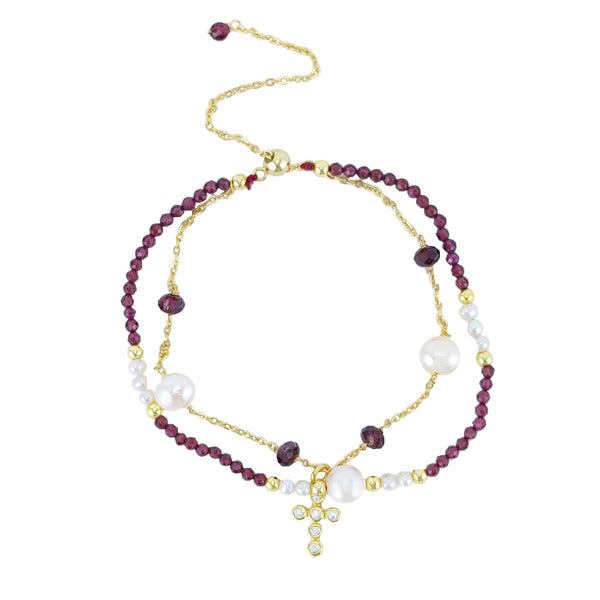 Garnet and Freshwater Pearl Cross Adjustable Bracelet