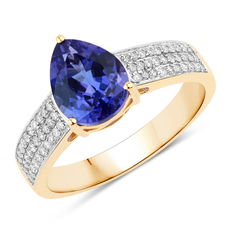 2.41 Carat Genuine Tanzanite and White Diamond 14K Yellow Gold Ring