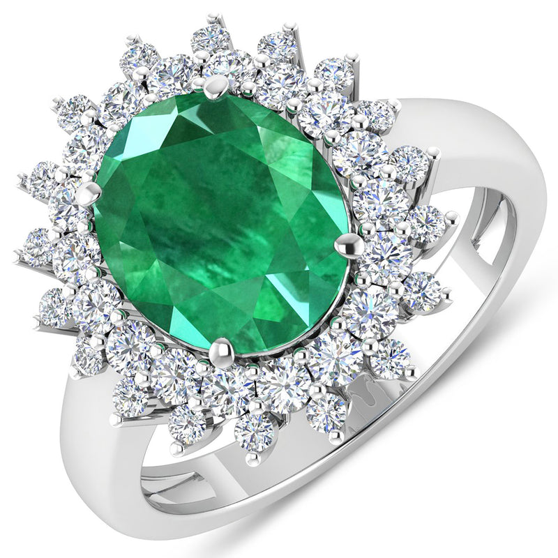 3.99 Carat Genuine Zambian Emerald and White Diamond 14K White Gold Ring