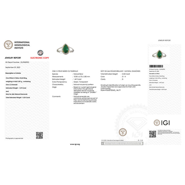 IGI Certified 1.79 Carat Genuine Zambian Emerald and White Diamond 14K Yellow & White Gold Ring