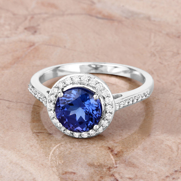 2.48 Carat Genuine Tanzanite and White Diamond 14K White Gold Ring