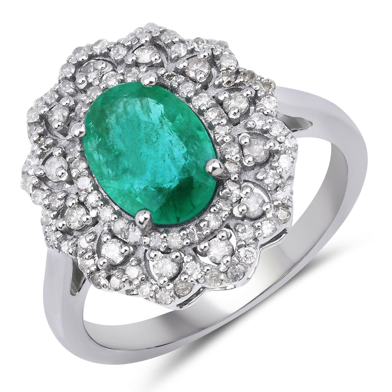 2.17 Carat Genuine Emerald and White Diamond .925 Sterling Silver Ring