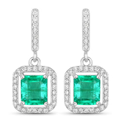 2.16 Carat Genuine Emerald and White Diamond 14K White Gold Earrings