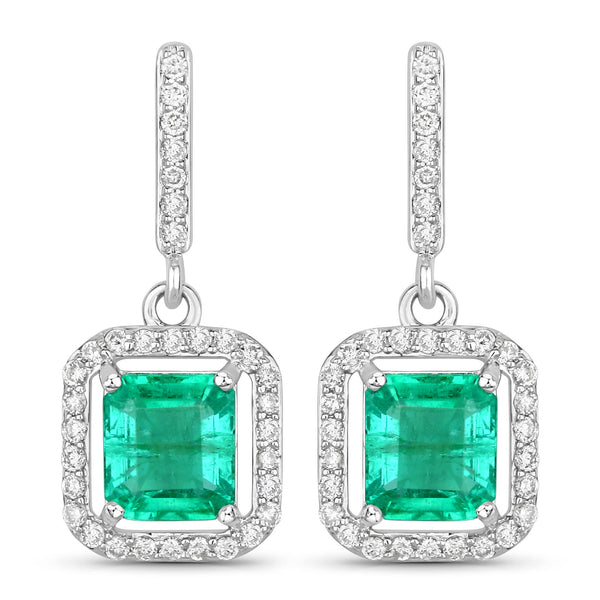 2.16 Carat Genuine Emerald and White Diamond 14K White Gold Earrings