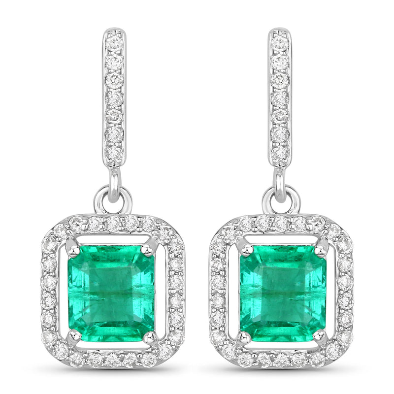 2.16 Carat Genuine Emerald and White Diamond 14K White Gold Earrings