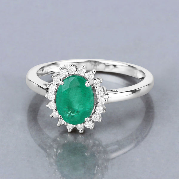 1.37 Carat Genuine Zambian Emerald and White Diamond 14K White Gold Ring