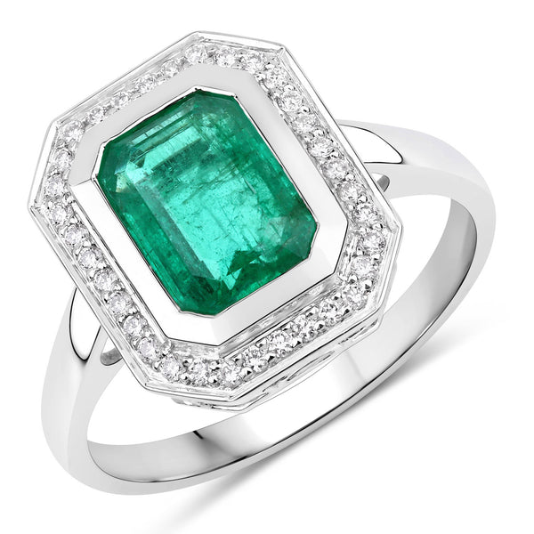 IGI Certified 2.00 Carat Genuine Zambian Emerald and White Diamond 14K White Gold Ring