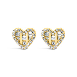 14K Yellow Gold Plated .925 Sterling Silver 1/2 Cttw Round and Baguette Diamond Composite Heart Shaped Stud Earring (I-J Color, SI2-I1 Clarity)