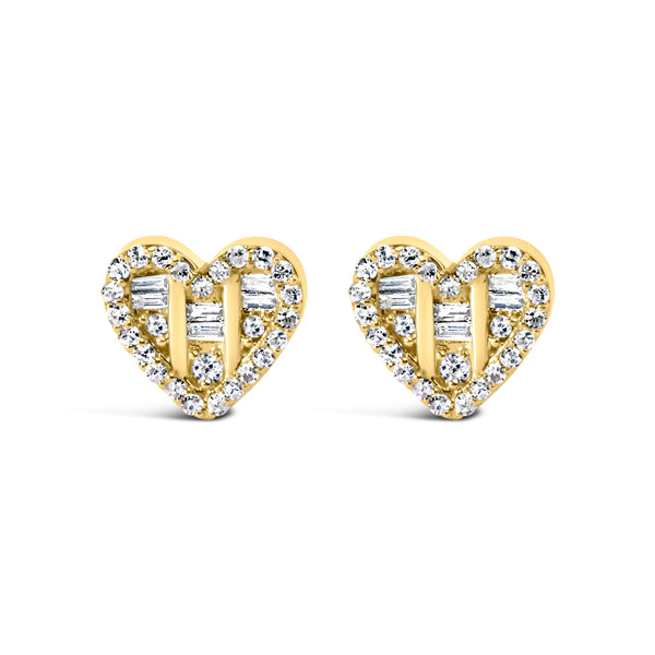 14K Yellow Gold Plated .925 Sterling Silver 1/2 Cttw Round and Baguette Diamond Composite Heart Shaped Stud Earring (I-J Color, SI2-I1 Clarity)