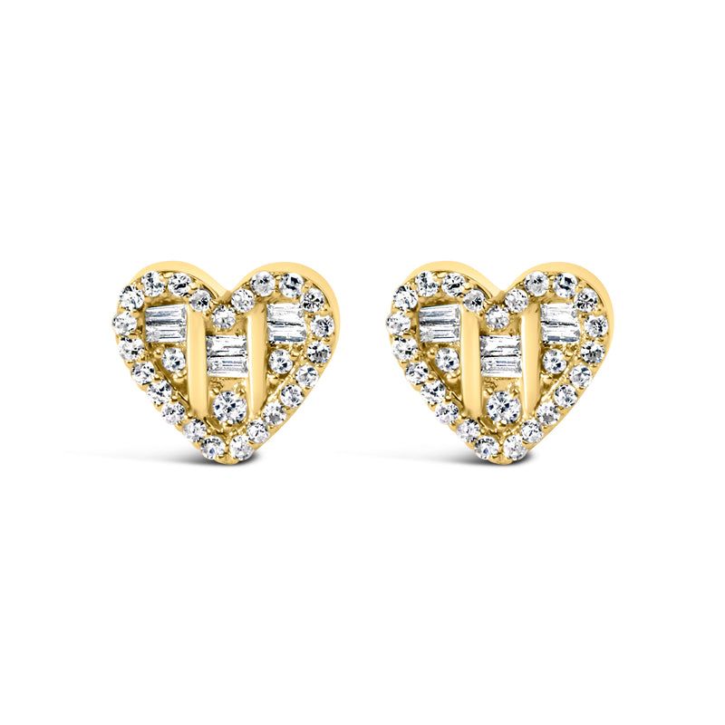 14K Yellow Gold Plated .925 Sterling Silver 1/2 Cttw Round and Baguette Diamond Composite Heart Shaped Stud Earring (I-J Color, SI2-I1 Clarity)