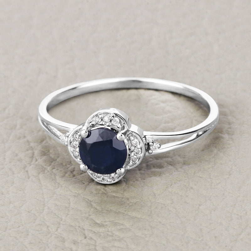 0.69 Carat Genuine Blue Sapphire and White Diamond 14K White Gold Ring