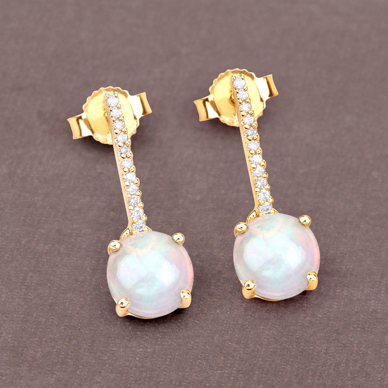 1.06 Carat Genuine Ethiopian Opal and White Diamond 14K Yellow Gold Earrings