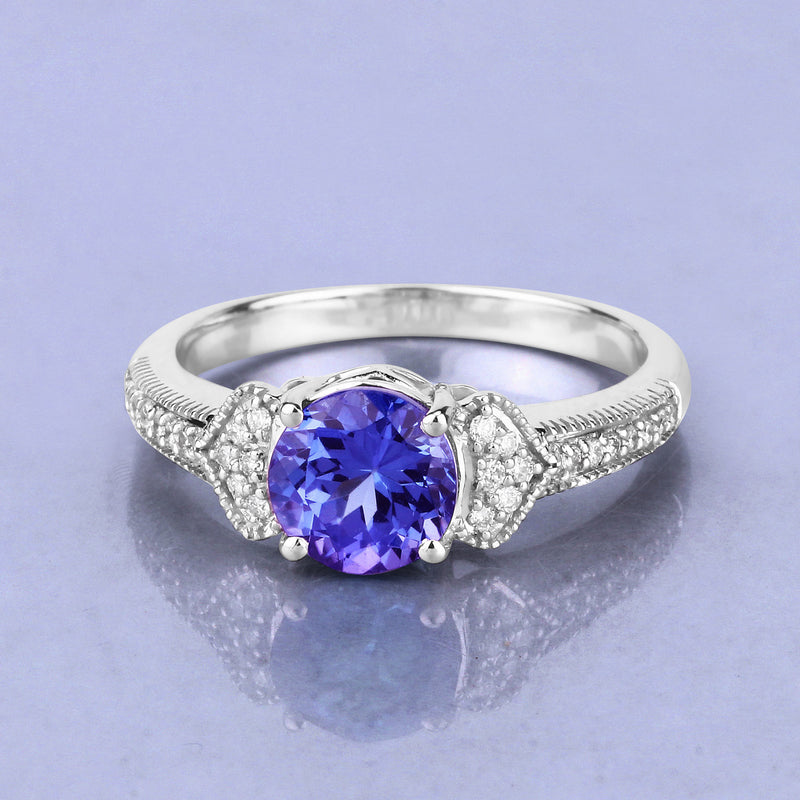 1.62 Carat Genuine Tanzanite and White Diamond 14K White Gold Ring