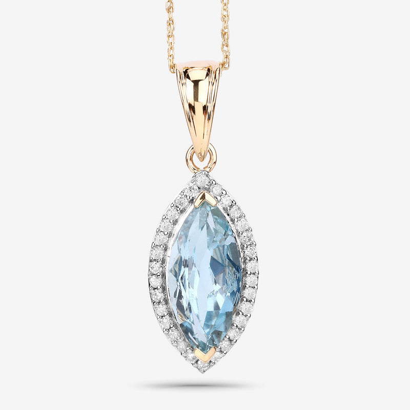 2.77 Carat Genuine Aquamarine and White Diamond 14K Yellow Gold Pendant