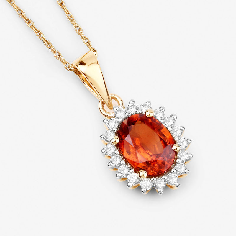 1.87 Carat Genuine Spessartite Garnet and White Diamond 14K Yellow Gold Pendant