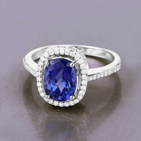 2.65 Carat Genuine Tanzanite and White Diamond 14K White Gold Ring