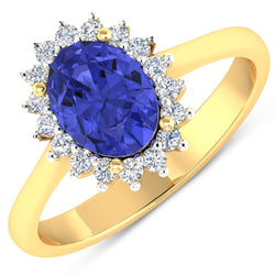 1.92 Carat Genuine Tanzanite and White Diamond 14K Yellow Gold Ring