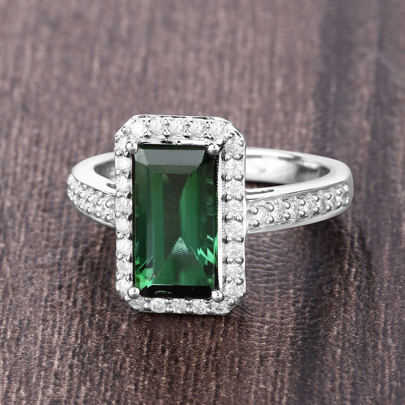 3.06 Carat Genuine Green Tourmaline and White Diamond 14K White Gold Ring